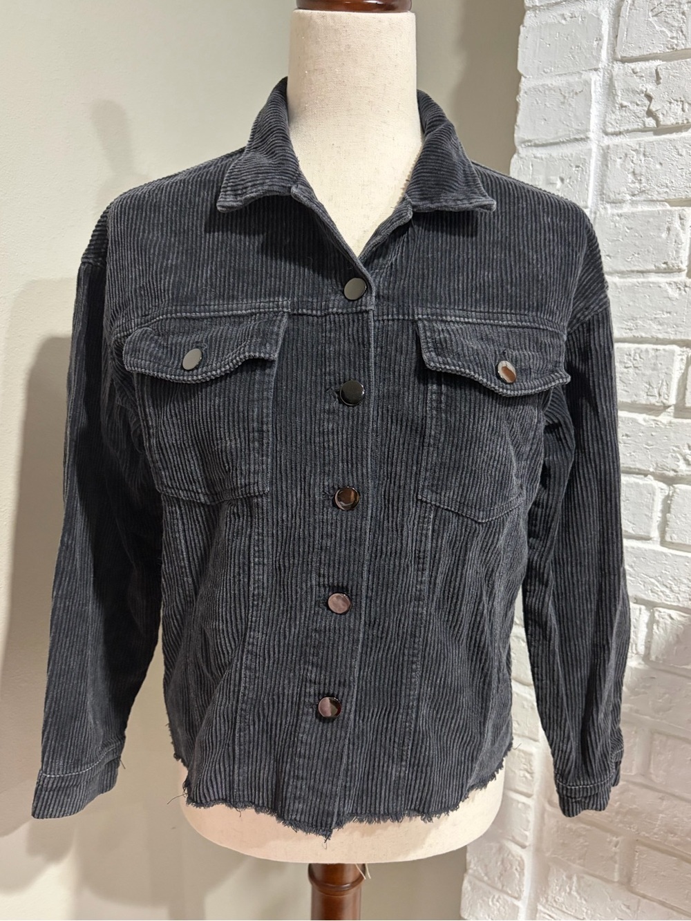 Pink Lily Corduroy Crop Button-Up Jacket - Charcoal Gray